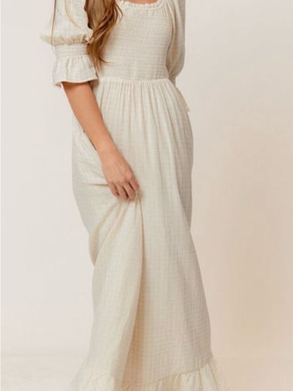 Women's Cream Maxi Dress with Puff Sleeves